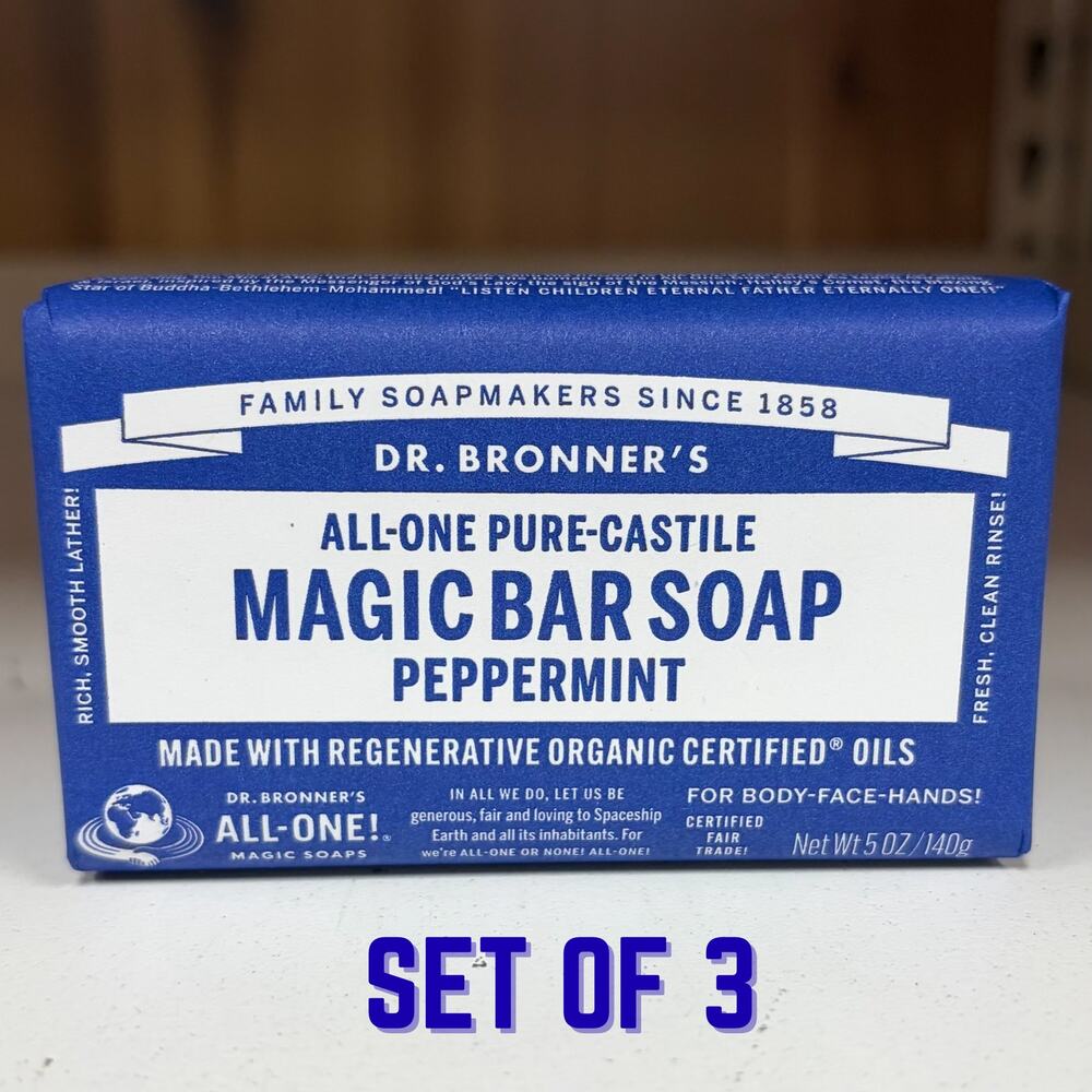 Set 3 Dr. Bronner's Peppermint Pure Castile Bar Soap Coconut Hemp Jojoba Oil 5oz